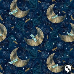 Blank Quilting Gypsy Flutter Crescent Moons with Dragonflies Dark Blue