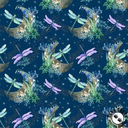 Blank Quilting Gypsy Flutter Crescent Moons with Dragonflies and Flowers Dark Blue